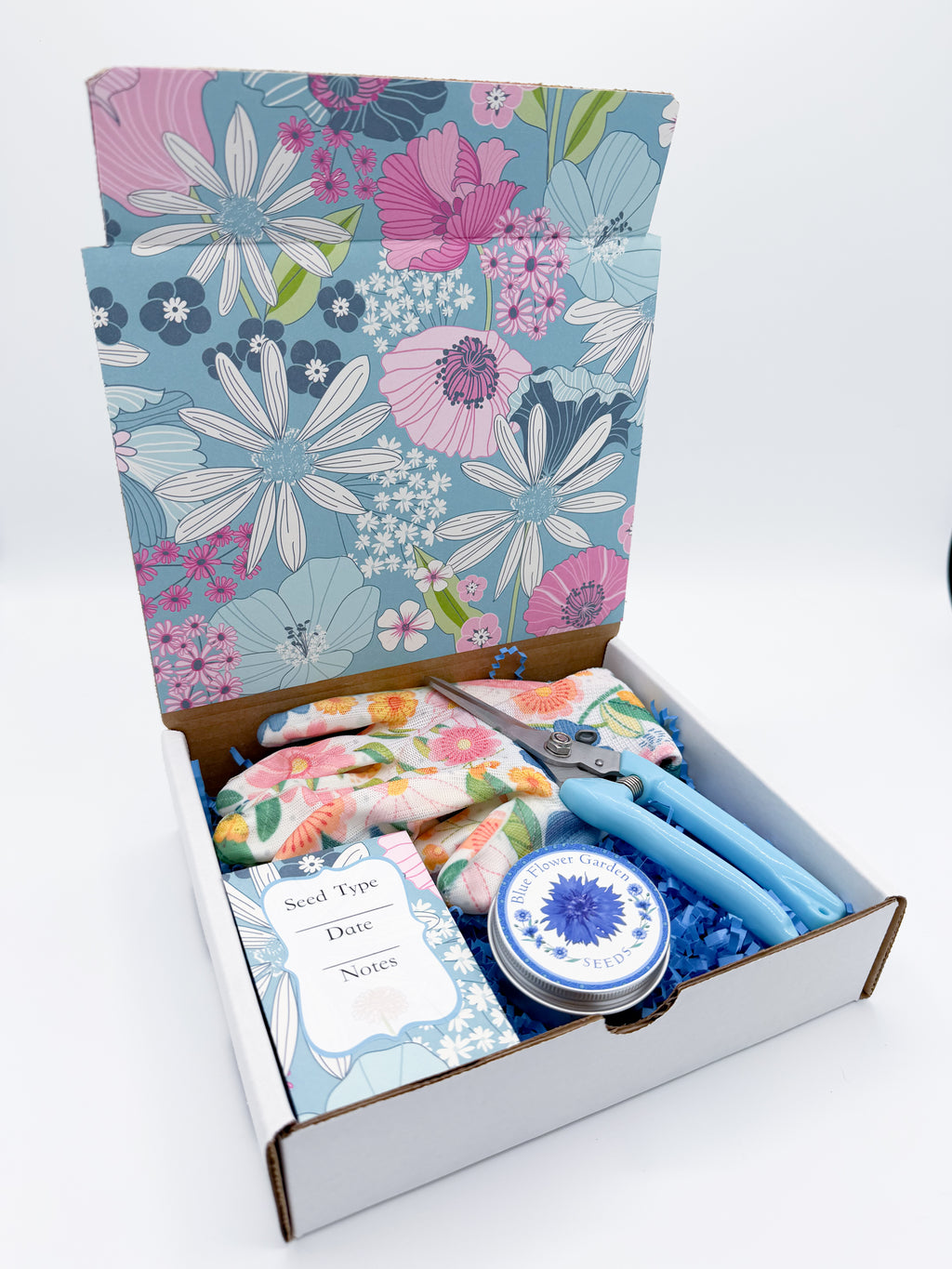Blue Flower Garden Gift Box – Seeds, Gloves & Shears Kit