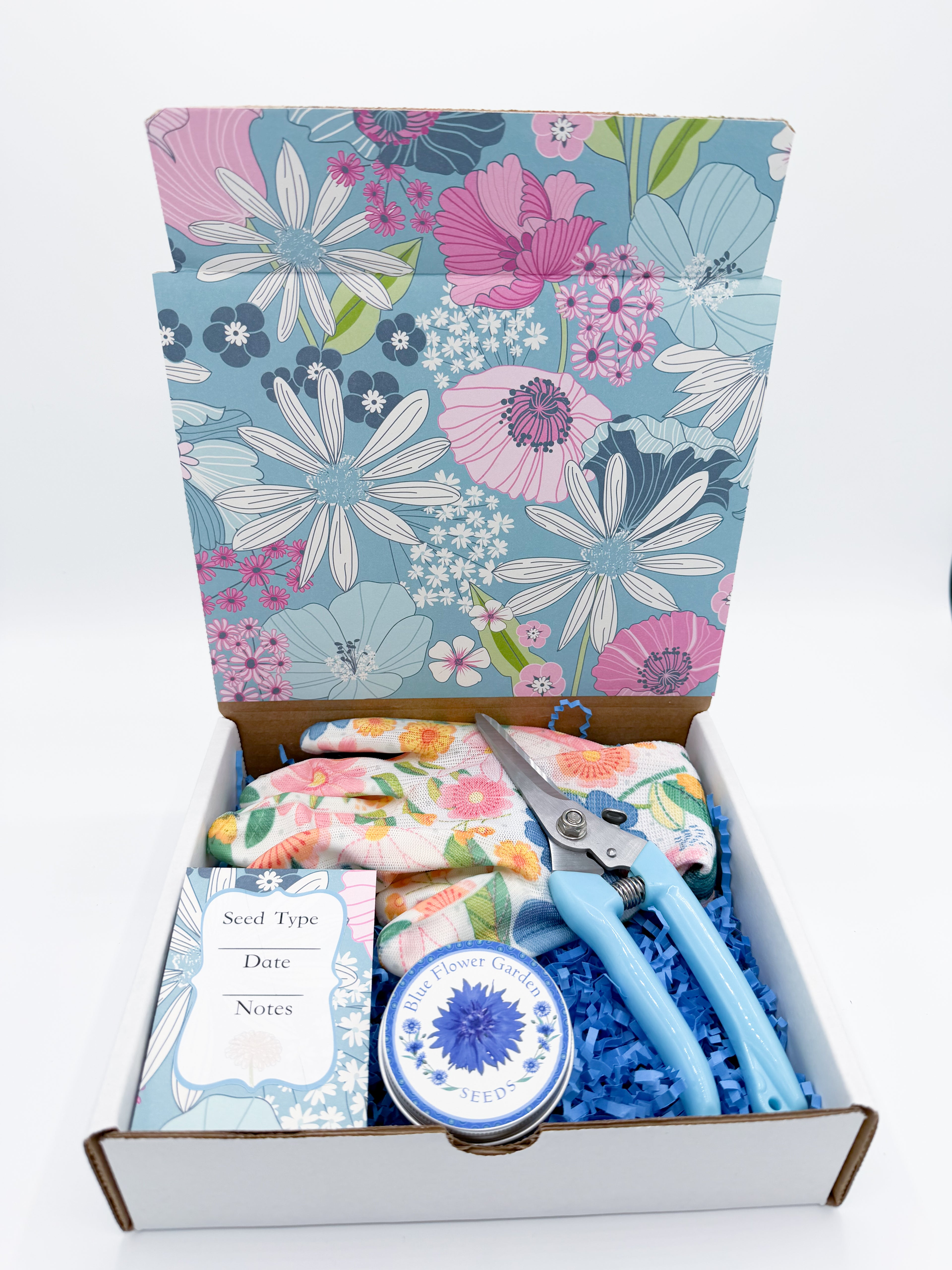 gift flower seeds Blue Flower Garden Gift Box – Seeds, Gloves & Shears Kit – Gigi's Garden Gifts