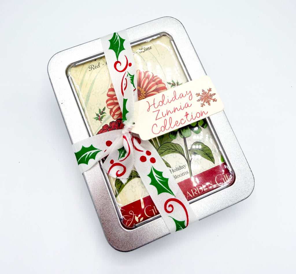 Zinnia Seed Holiday Gift Tin – Red, Green & candy cane zinnia holiday colors