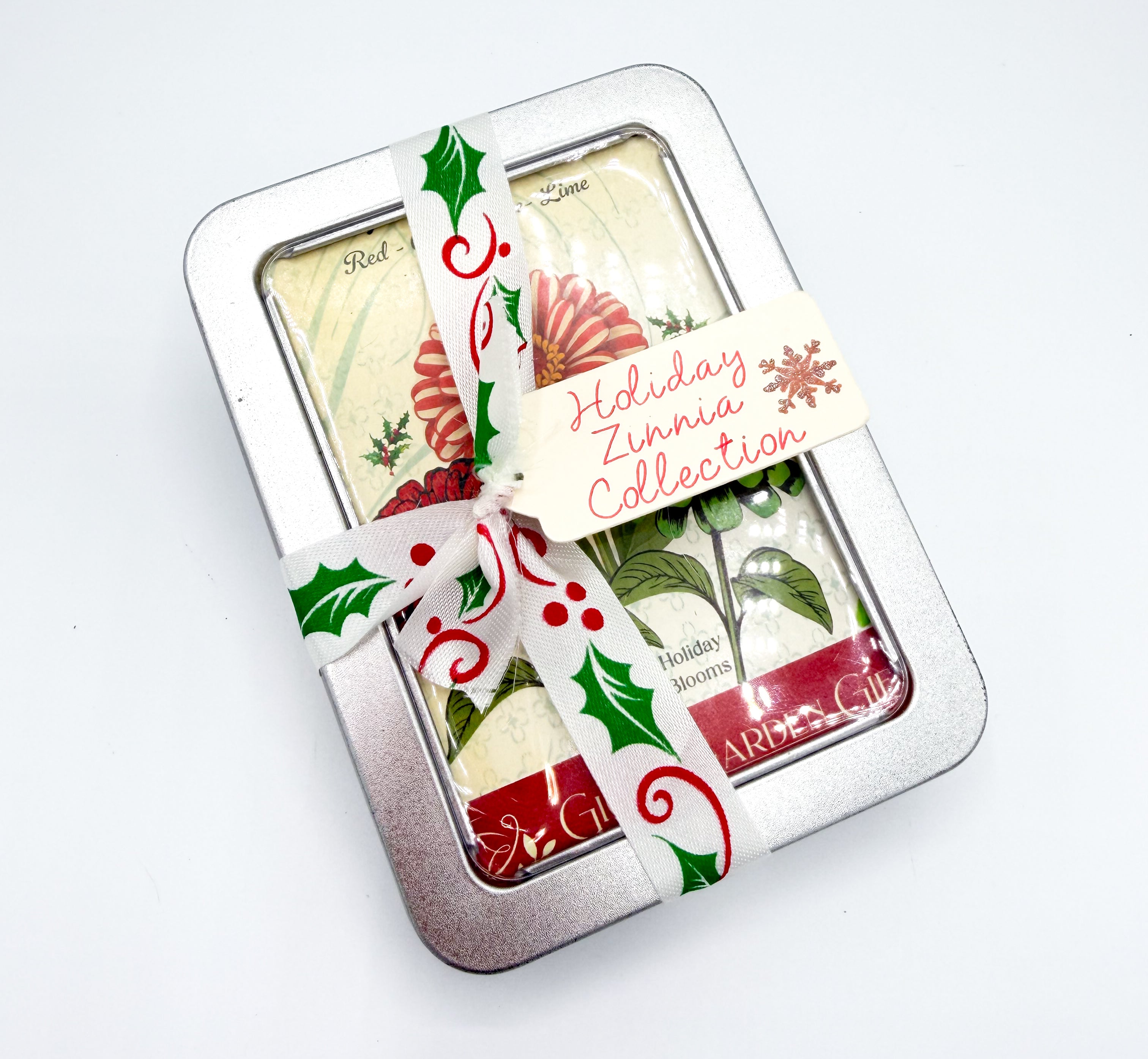 Zinnia Seed Holiday Gift Tin – Red, Green & candy cane zinnia holiday colors