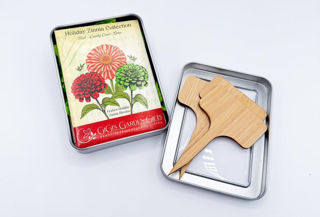 Zinnia Seed Holiday Gift Tin – Red, Green & candy cane zinnia holiday colors