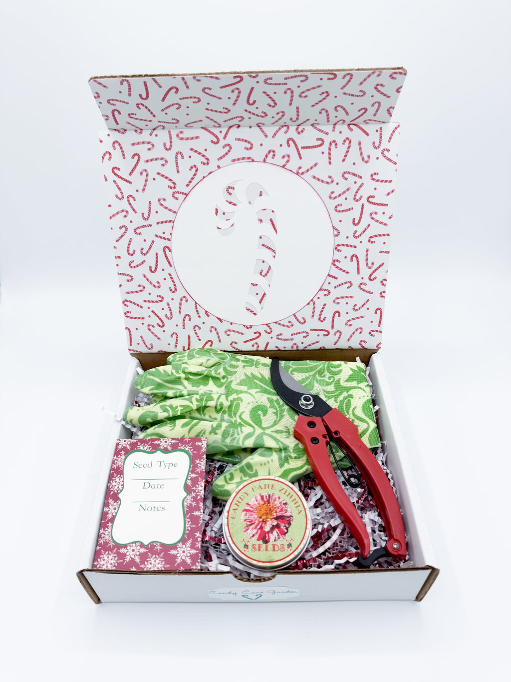Zinnia Garden Gift Box – Candy Cane Zinnia Seeds, Gloves & Shears