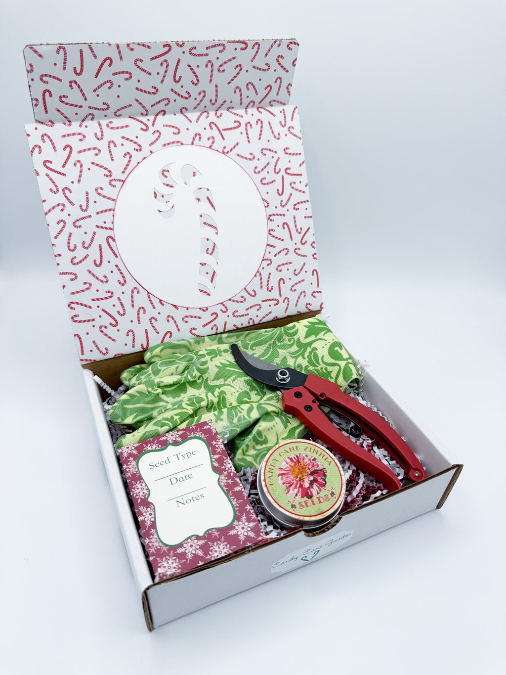 Zinnia Garden Gift Box – Candy Cane Zinnia Seeds, Gloves & Shears