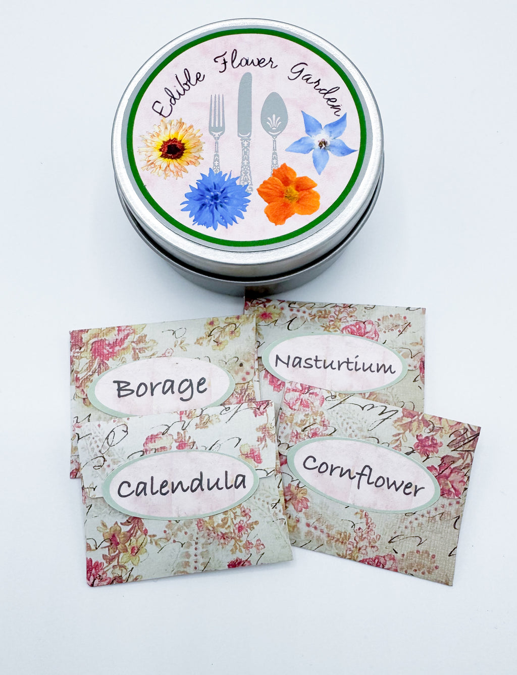 Edible Flower Garden Gift Tin – Borage, Calendula, Cornflower & Nasturtium Seeds