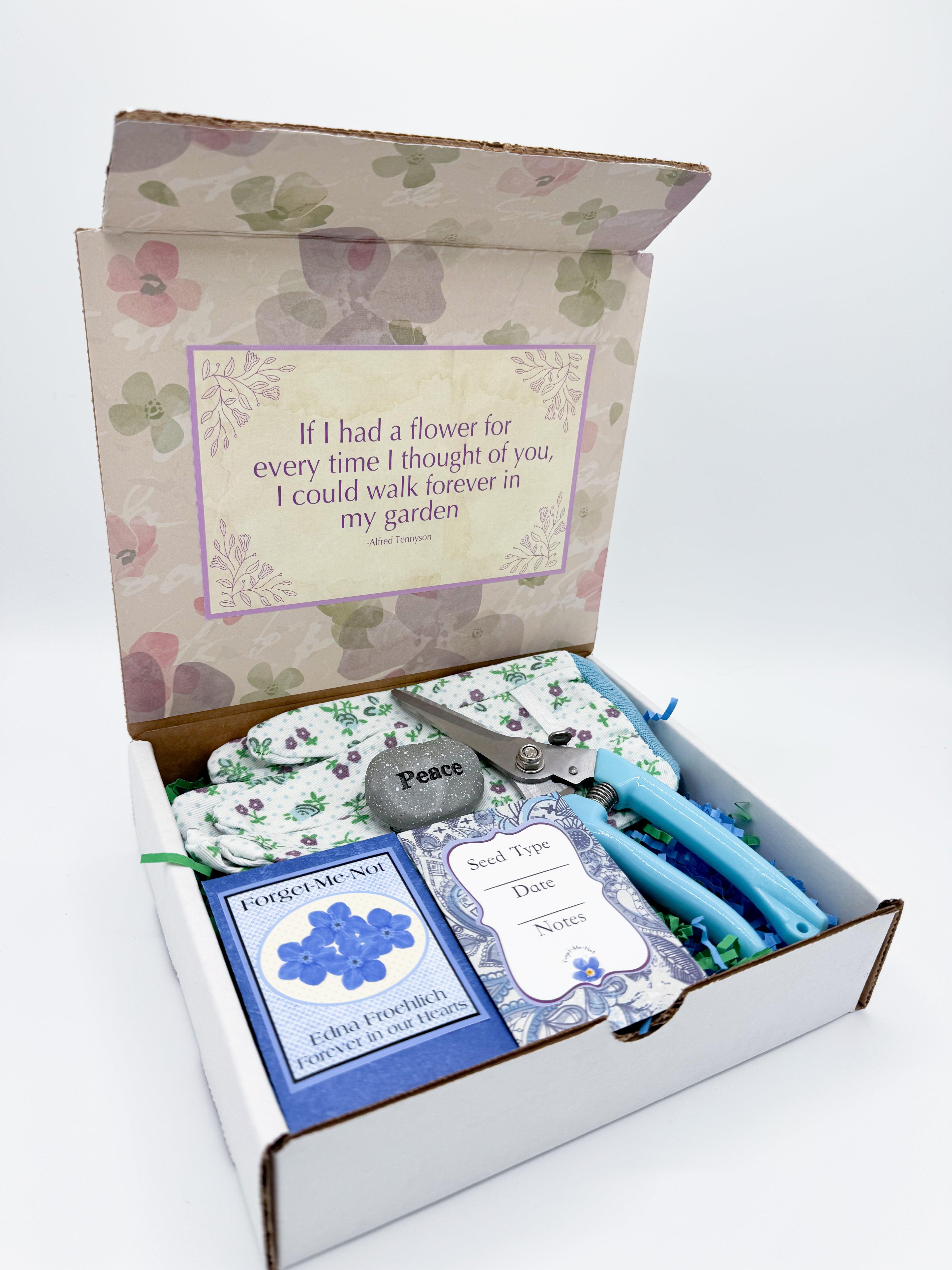 Sympathy Garden Gift Box with Forget-Me-Not Seeds, Gloves, Shears & Mini Stone